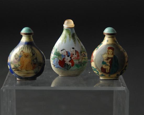 Appraisal: Three Enameled Metal Snuff Bottles one with a large dog