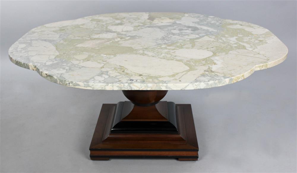 Appraisal: ITALIAN MARBLE TOP CHERRYWOOD PEDESTAL LOW TABLE shaped Italian marble