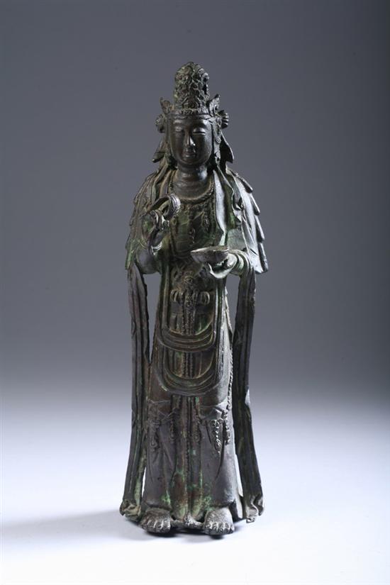 Appraisal: JAPANESE BRONZE FIGURE OF DEITY Standing holding lotus bowl wearing