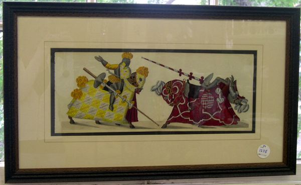 Appraisal: German School th Century Jousting Knights pair of hand-colored engravings