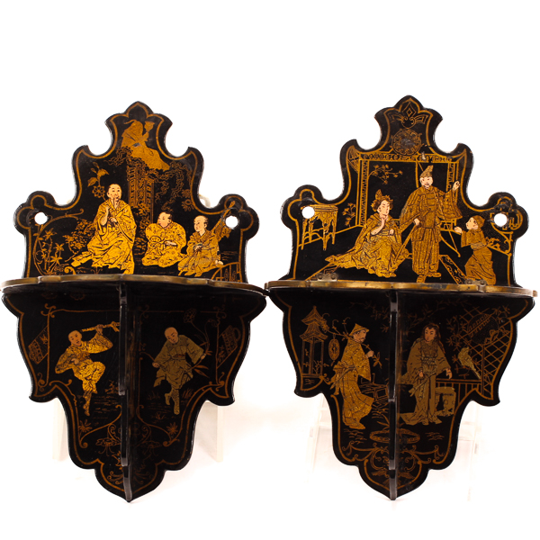 Appraisal: Pair of Asian black lacquer folding shelf sconces with painted