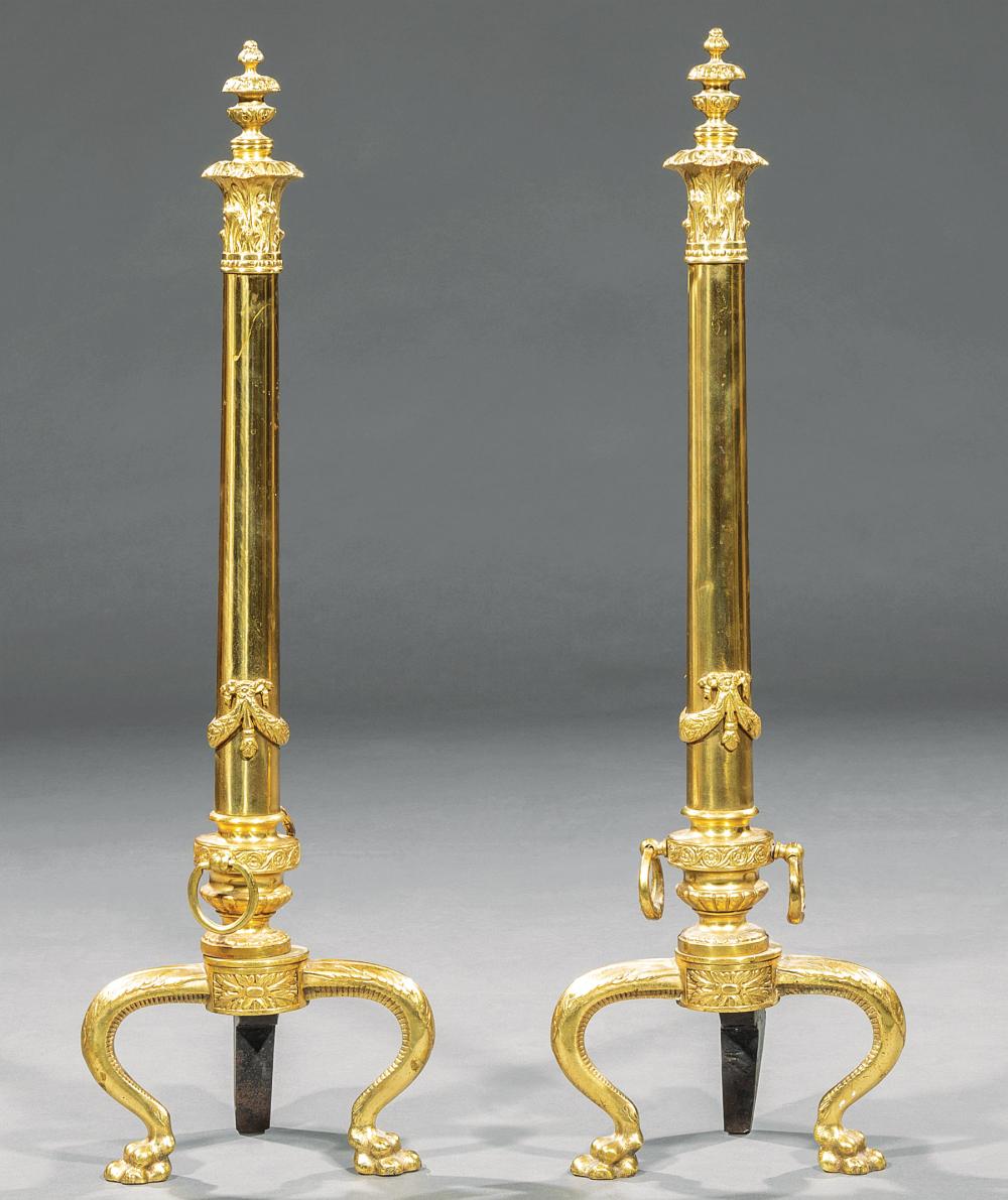 Appraisal: Pair of French Brass Andirons columnar form on paw feet