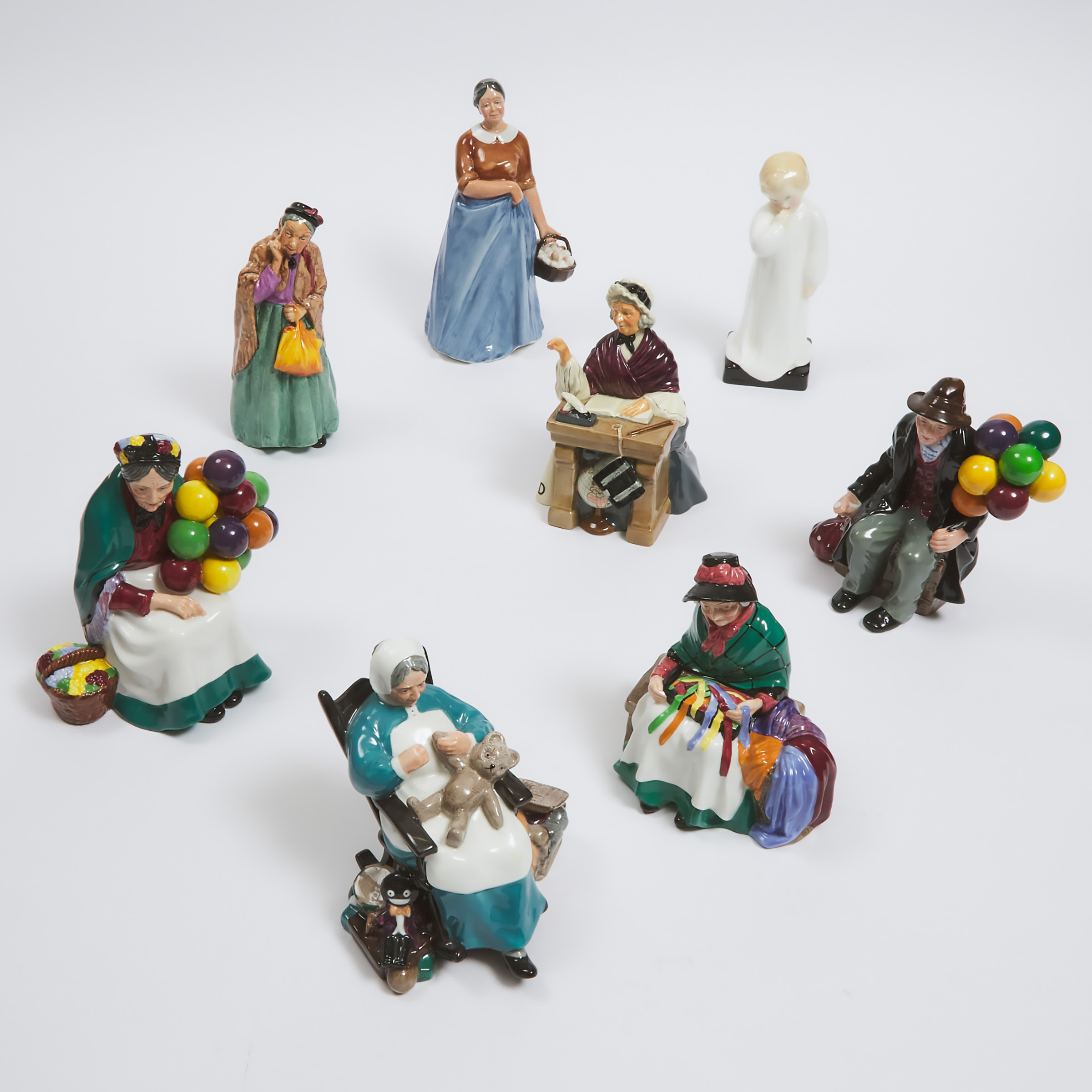 Appraisal: Eight Royal Doulton Figures th century The Old Balloon Seller