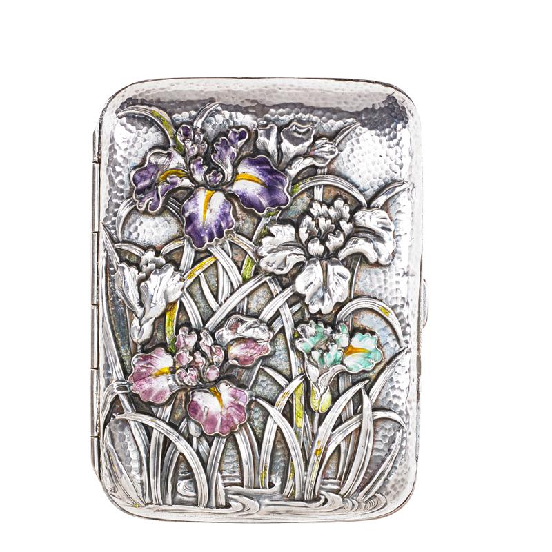 Appraisal: CHINESE EXPORT SILVER CIGARETTE CASE Enameled embossed iris flowers on