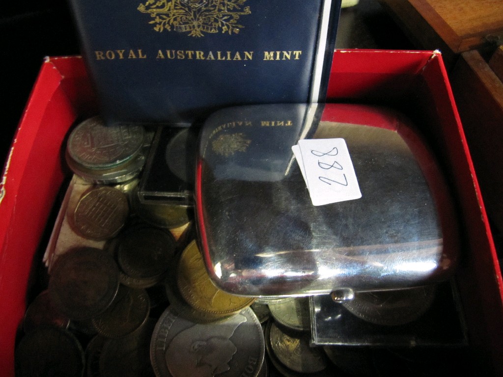 Appraisal: Lot comprising box of coins and a silver cigarette case