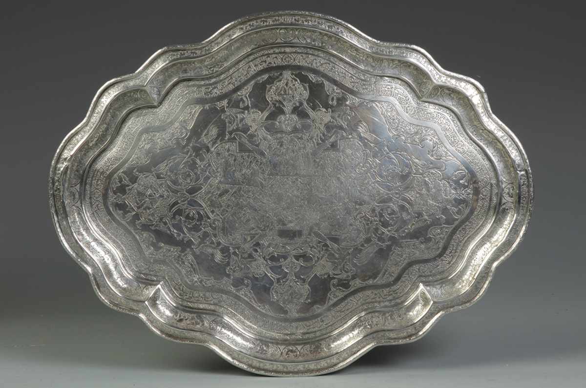 Appraisal: Early Silver Tray Early Silver Tray Elaborate engraving possibly Persian