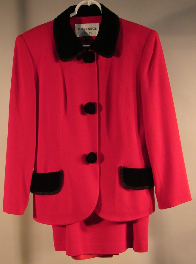 Appraisal: ALBERT NIPON Wool crepe red skirt suit with black velvet