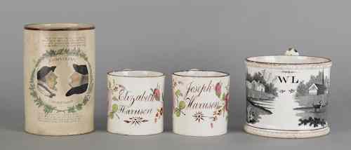 Appraisal: Four Staffordshire mugs ca Matrimony and Courtship landscape with initials