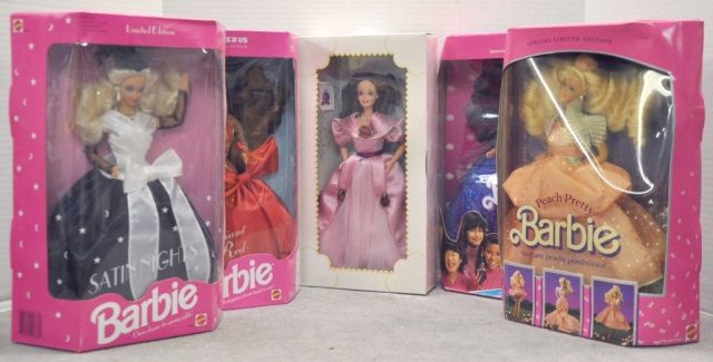 Appraisal: Five Collectible BarbiesBy Mattel Including Satin Night Peachy Pretty Radiant