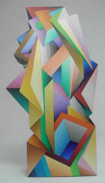 Appraisal: David Meyers acrylic and wood contemporary sculpture Features colorful geometric