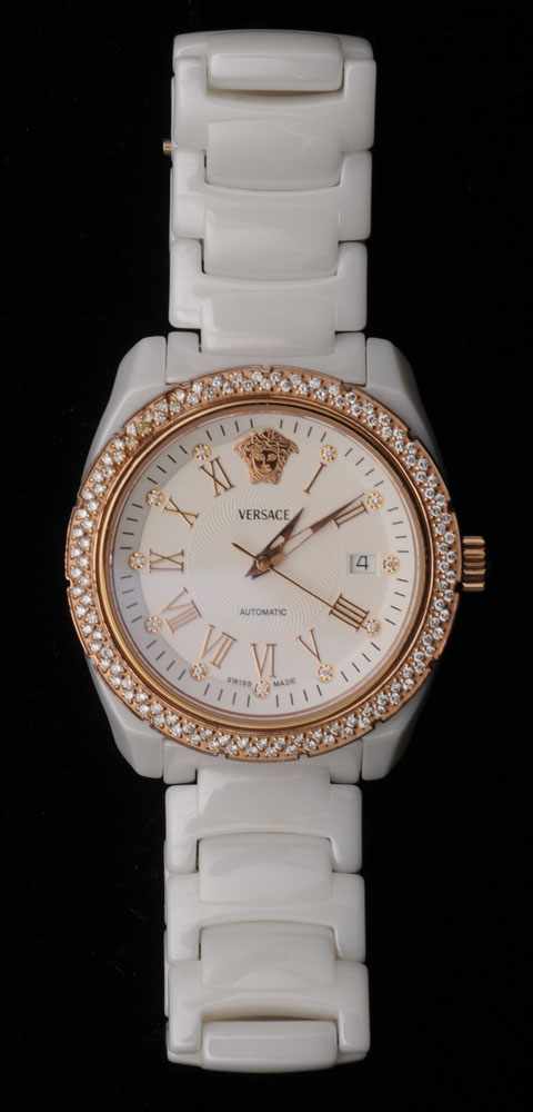 Appraisal: VERSACE STAINLESS STEEL CERAMIC AND DIAMOND ''DV ONE'' WRISTWATCH SWISS