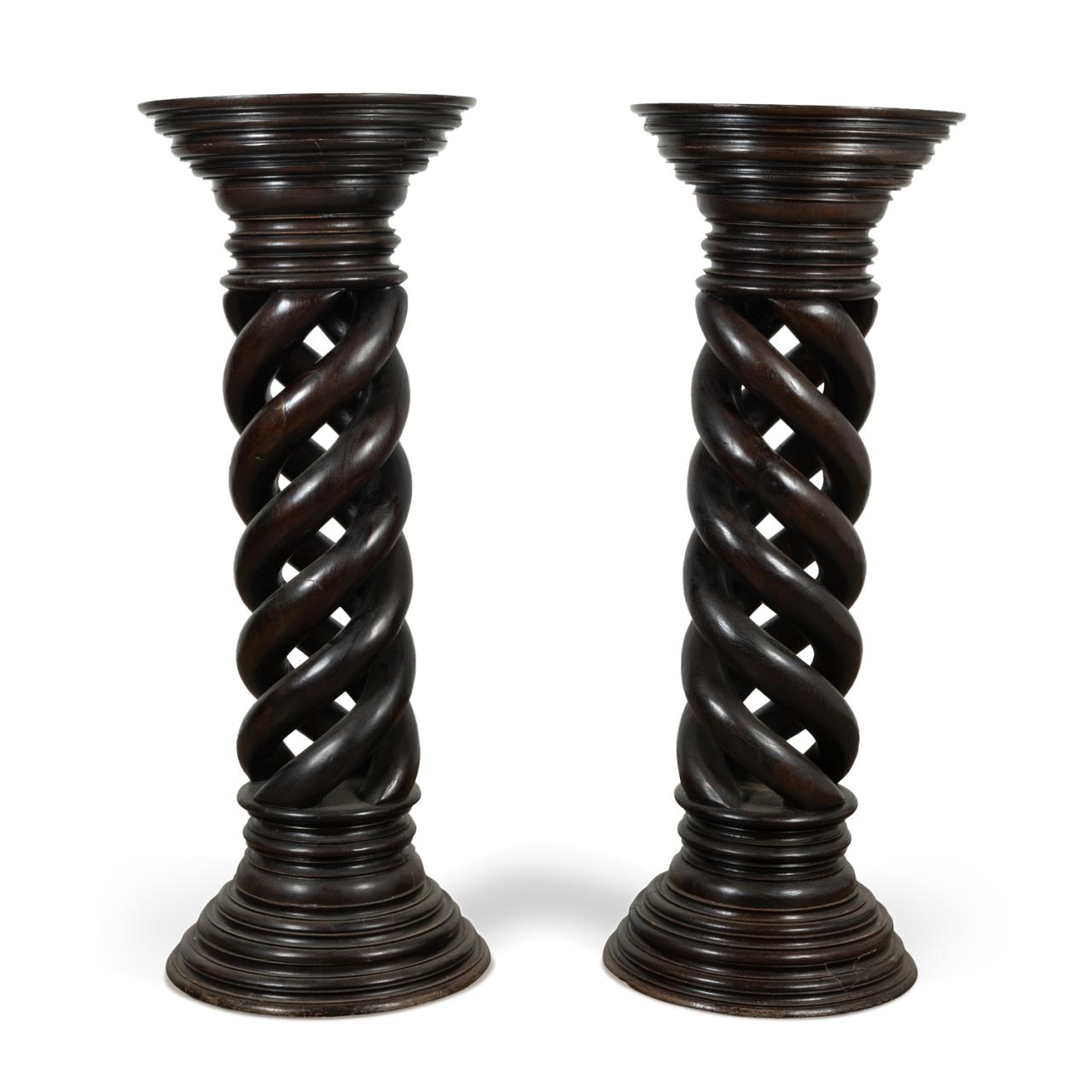 Appraisal: PR LARGE DARK WOODEN BARLEY TWIST PEDESTALS Pair of large