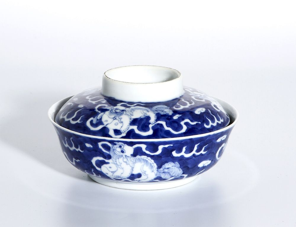 Appraisal: Chinese Blue and White 'Qilin' Bowl and Cover Decorated with