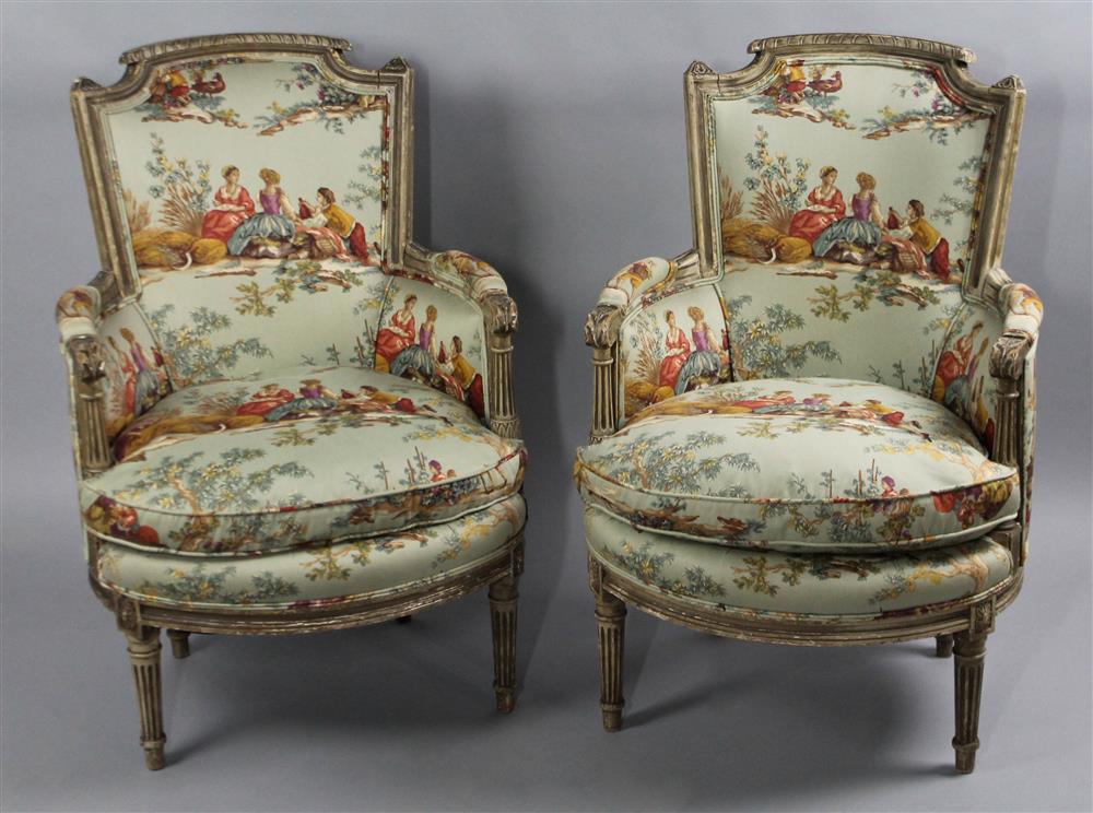 Appraisal: PAIR OF VINTAGE LOUIS XVI STYLE BERGERES UPHOLSTERED IN KRAVET'S