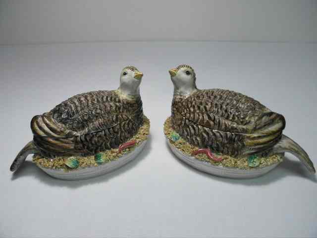 Appraisal: Pair Bassano ceramic figural hen boxes Each depicts a bird