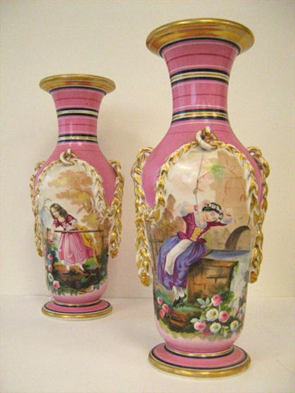 Appraisal: Pair of Paris porcelain vases pink ground with figural decoration