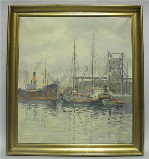 Appraisal: ARUP JENSEN DUTCH - SAILBOAT AT HARBOR Oil on canvas