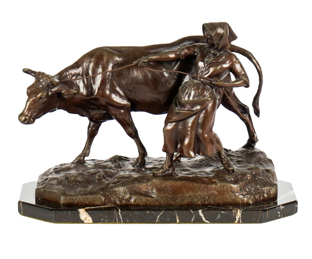 Appraisal: CHARLES VALTON - WOMAN WITH COWcast bronze mounted to marble