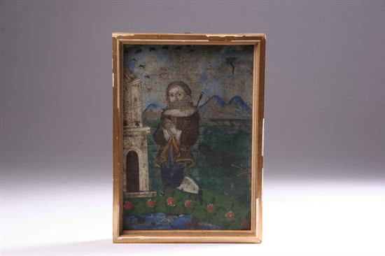 Appraisal: SPANISH COLONIAL RETABLO th century Depicting a saint kneeling in