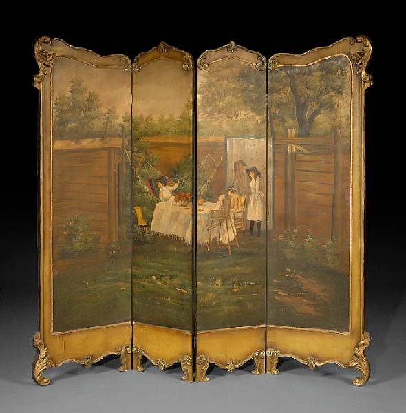 Appraisal: A Victorian style paint decorated four fold floor screen Decorated