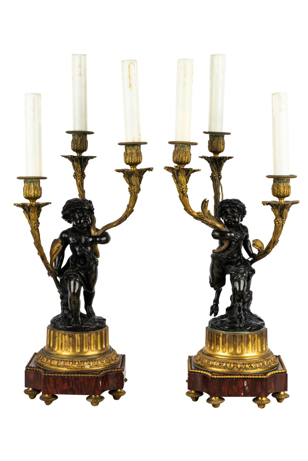 Appraisal: PAIR OF FIGURAL PATINATED GILT BRONZE CANDELABRAeach modeled as a