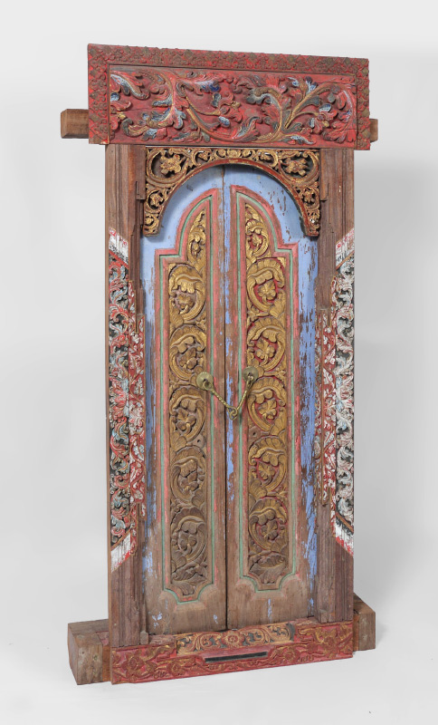 Appraisal: NEPALESE CARVED POLYCHROME PAINT DECORATED WINDOW Polychrome paint decorated frame