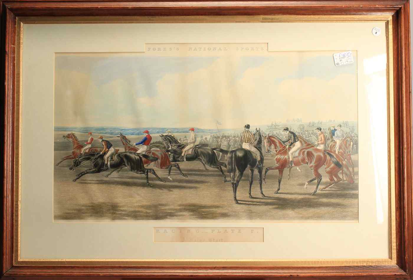 Appraisal: FRAMED COLORED ENGRAVINGFore's National Sports Racing Plate A False Start