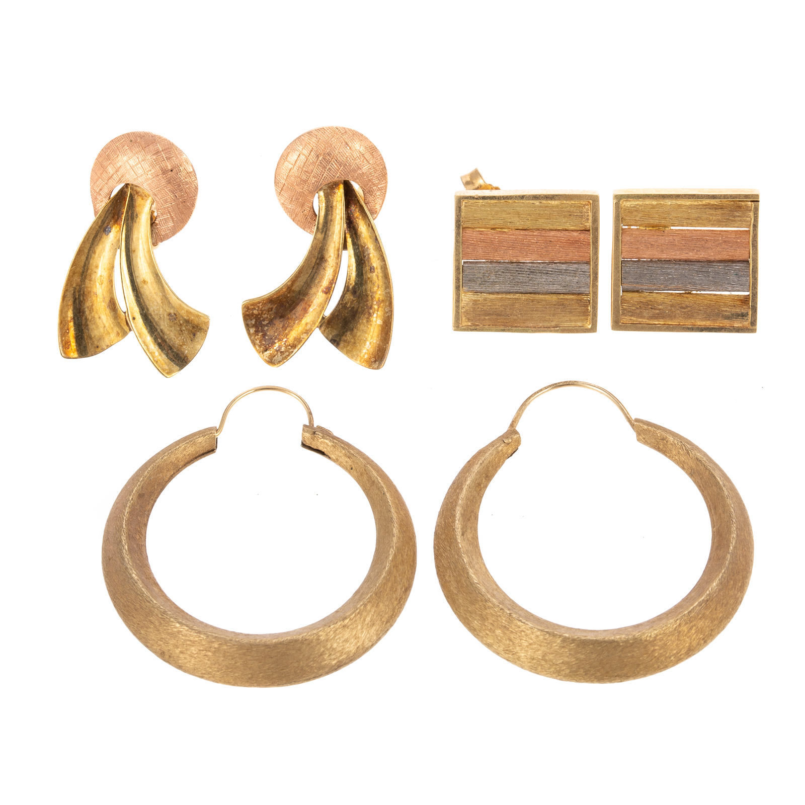 Appraisal: A GROUPING OF THREE K MULTI-COLOR GOLD EARRINGS K yellow