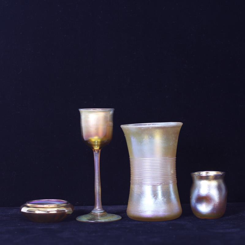 Appraisal: Four American Art Glass Gold Iridescent Pieces Tiffany candleholder beaker