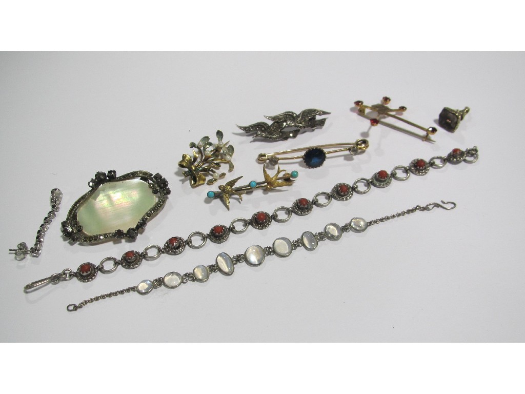 Appraisal: Lot comprising silver pieces to include marcasite brooch moonstone bracelet