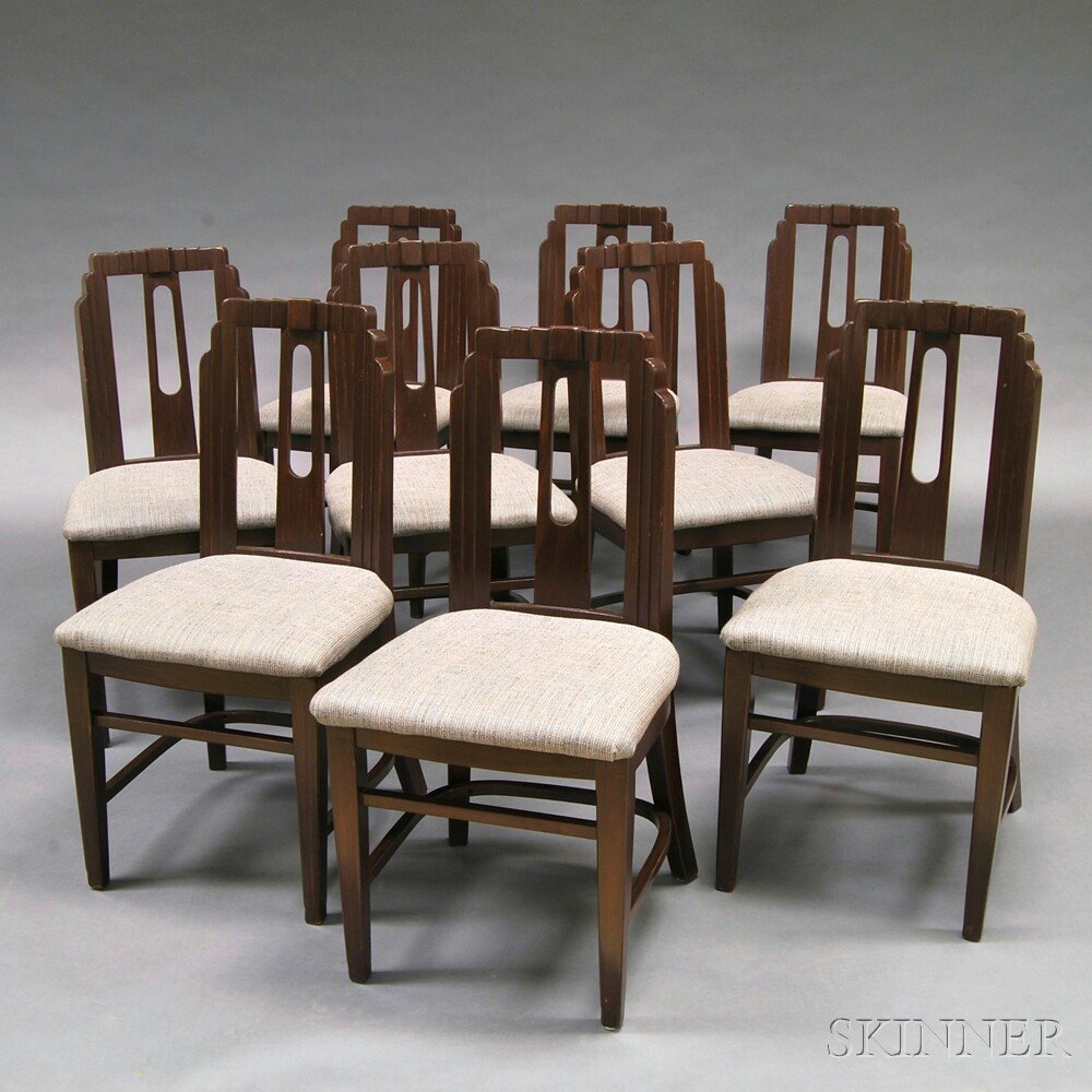 Appraisal: Set of Nine Brown-painted Art Deco Dining Chairs the ovoid-pierced