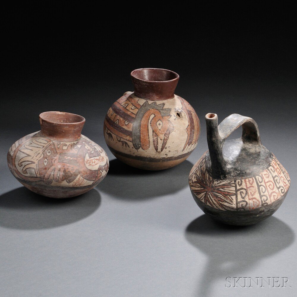 Appraisal: Three Nasca Polychrome Pottery Vessels two with abstract deities chips