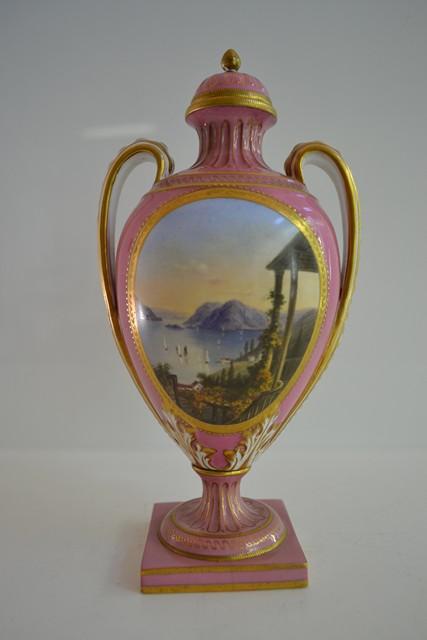 Appraisal: KERR BINNS WORCESTER COVERED VASE PINK GROUND PAINTED VIEW FROM