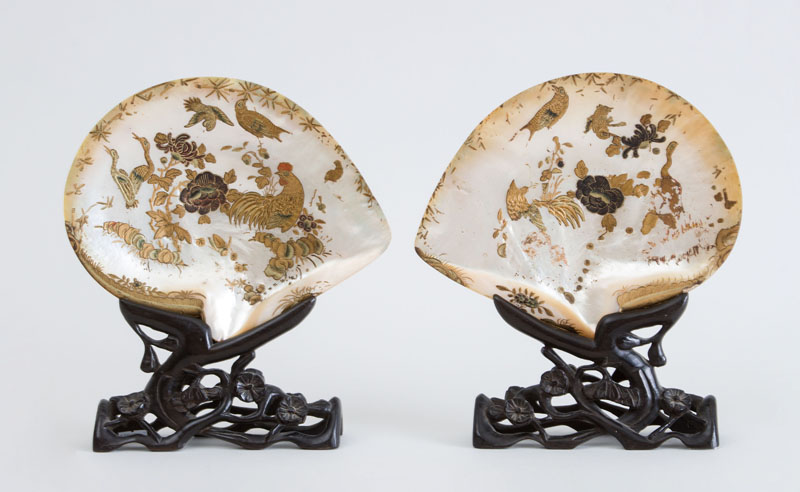 Appraisal: PAIR OF JAPANESE GILT AND POLYCHROME ENAMELED ABALONE SHELLS The