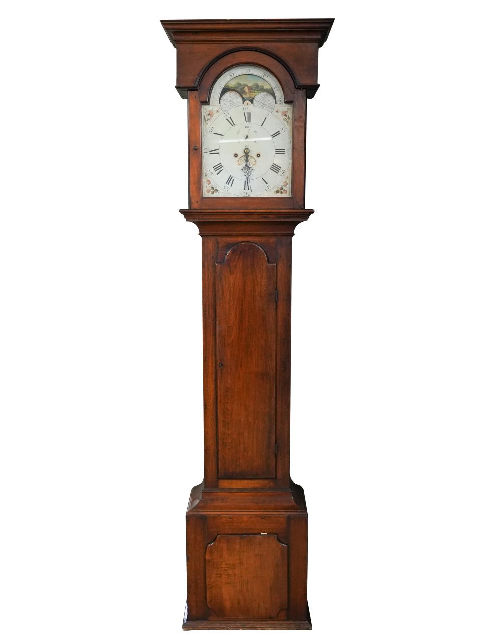 Appraisal: GEORGIAN MAHOGANY TALL CASE CLOCKearly th century unsigned the Roman