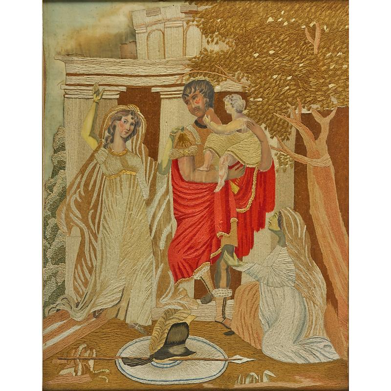 Appraisal: ENGLISH EMBROIDERY Hand-painted and embroidered silk of figures in classical