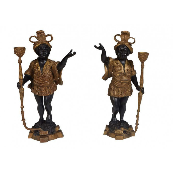 Appraisal: Pair of Gilt and Patinated Bronze Blackamoor Candlesticks th c