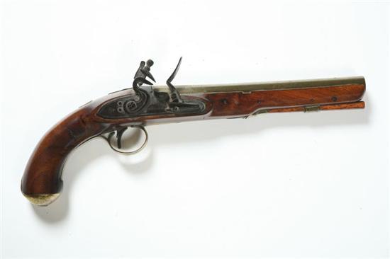 Appraisal: SHARPE ENGLISH FLINTLOCK PISTOL Nineteenth century Tapered and flared brass