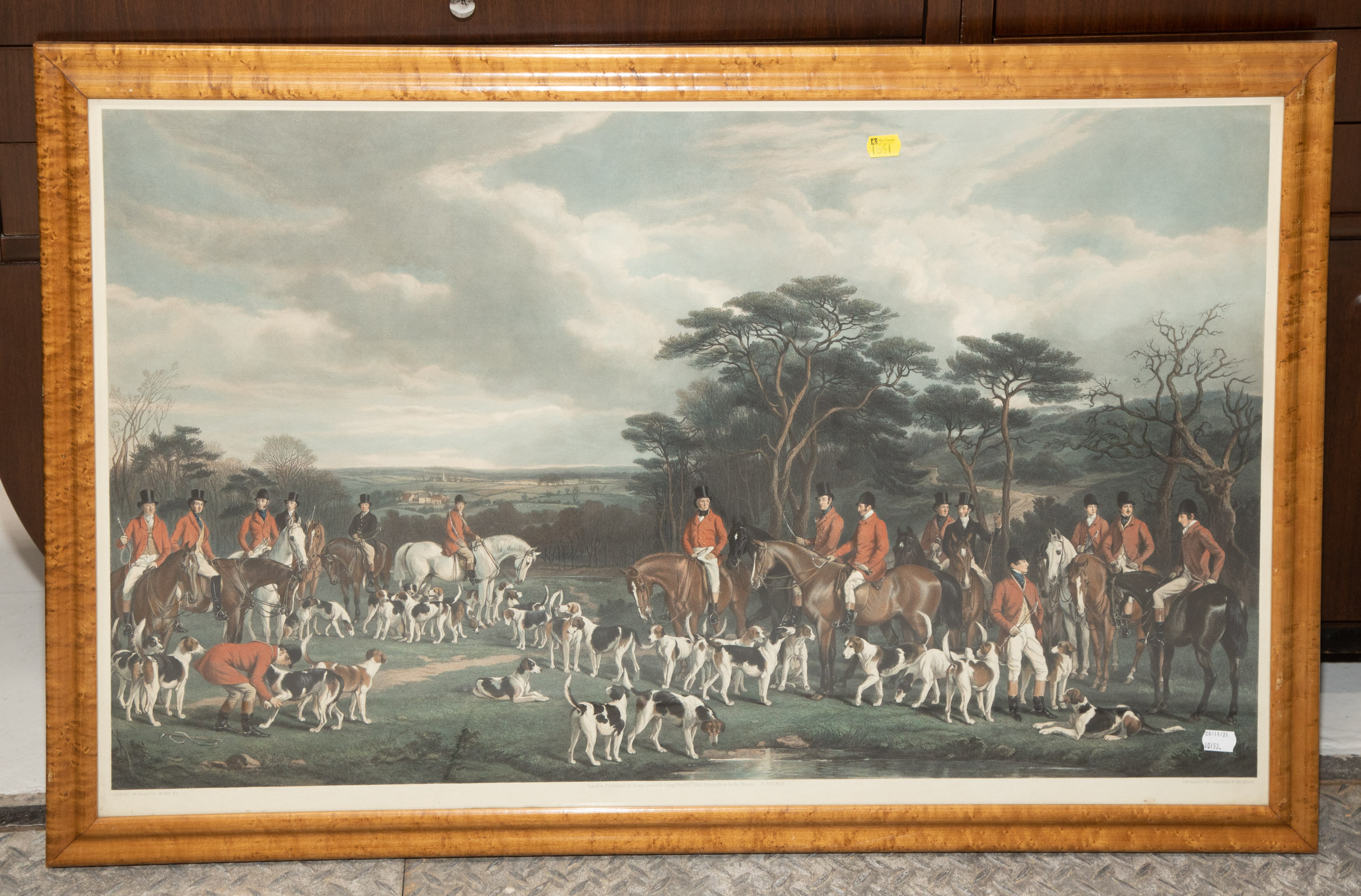 Appraisal: LARGE FOX HUNTING PRINT IN BIRDSEYE MAPLE FRAME Depicting a