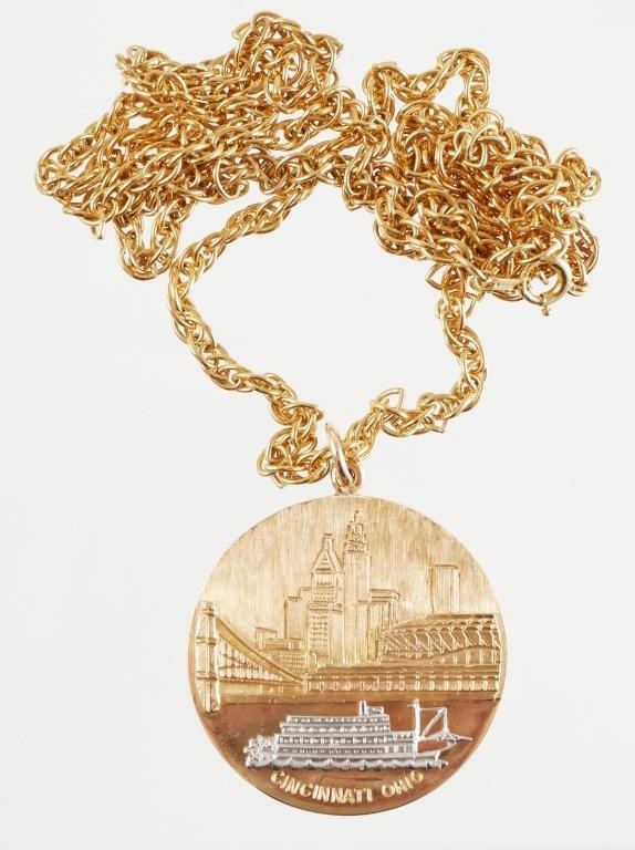 Appraisal: K Cincinnati Ohio riverfront skyline pendant with chain necklace Medallion