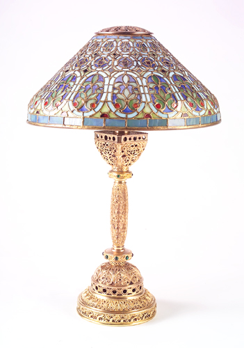 Appraisal: TIFFANY STUDIOS Gilt-parcel table lamp in the Venetian pattern its