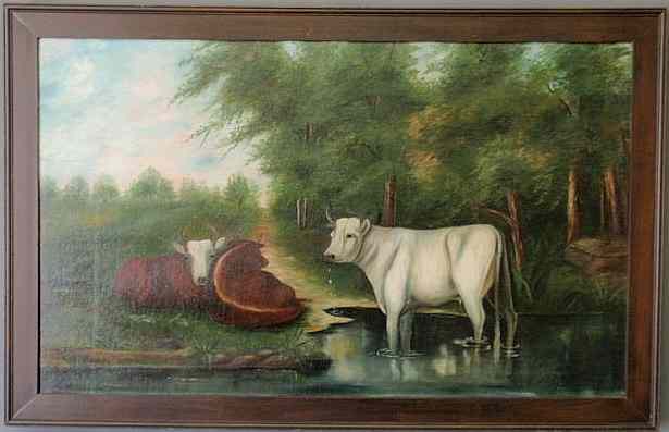 Appraisal: Oil on canvas landscape with cows and a stream signed