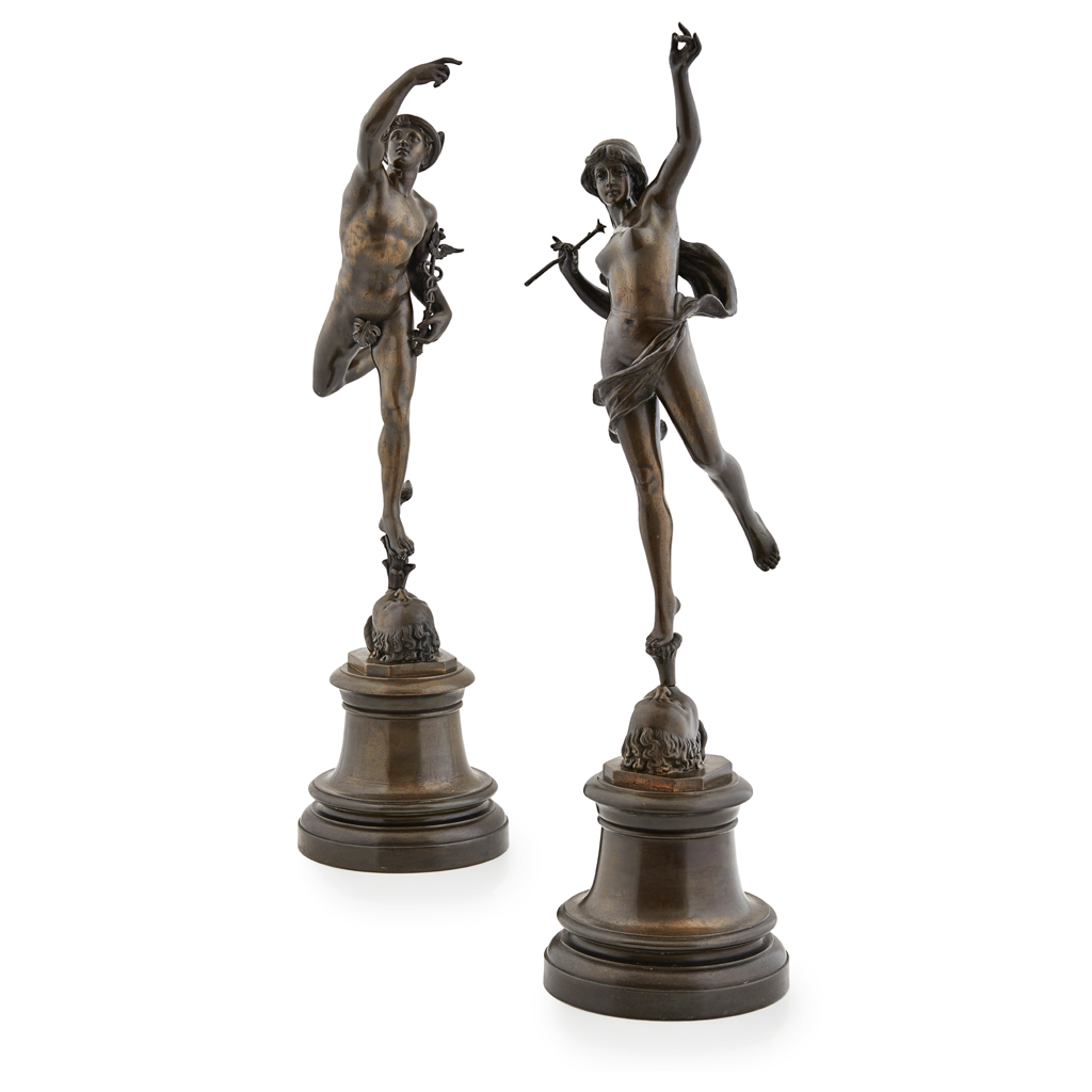 Appraisal: PAIR OF FRENCH BRONZE FIGURES OF MERCURY AND FORTUNA LATE