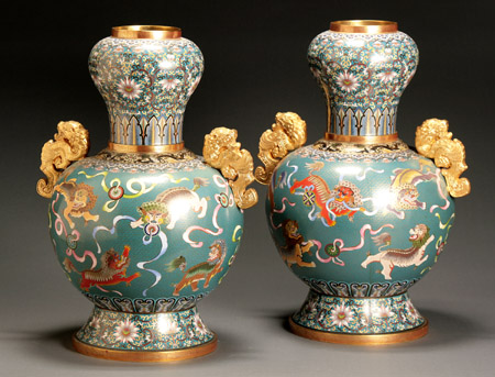 Appraisal: Pair of Chinese Cloisonn Enamel Urns th Century Each having