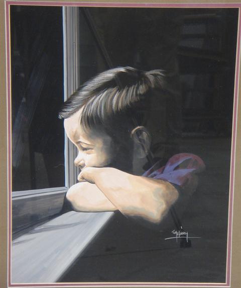 Appraisal: Tom McKinney gouache young boy leaning on window sill x