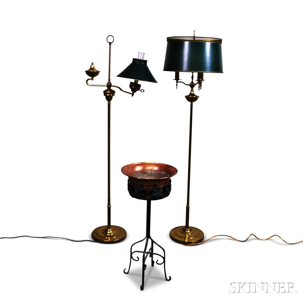 Appraisal: Two Brass Floor Lamps and a Copper Planter the planter