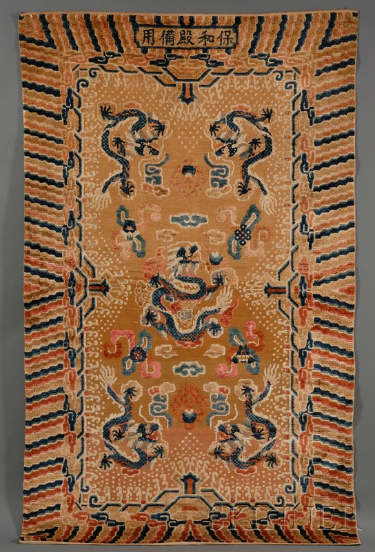 Appraisal: Palace Rug China th century five dragons with auspicious emblems