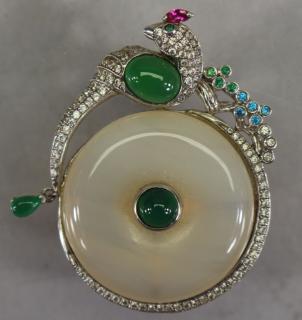 Appraisal: White Jade Sterling Pendant w Peacock White Jade Sterling Pendant