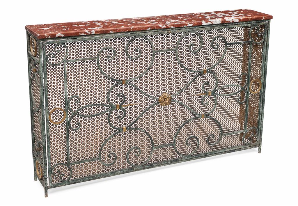 Appraisal: PAIR OF WROUGHT IRON MARBLE TOPPED RADIATOR COVERS the rectangular