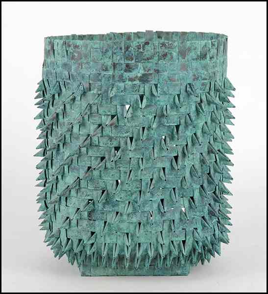 Appraisal: KEN CARLSON B SPIRAL PORCUPINE BASKET Woven oxidized copper Gold